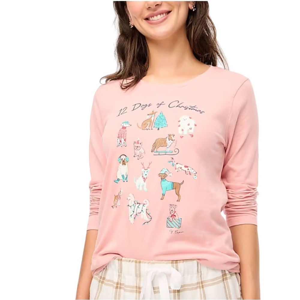 J. Crew Collector Tee 12 Dogs of Christmas Long Sleeve T-Shirt Pink Holiday Xmas